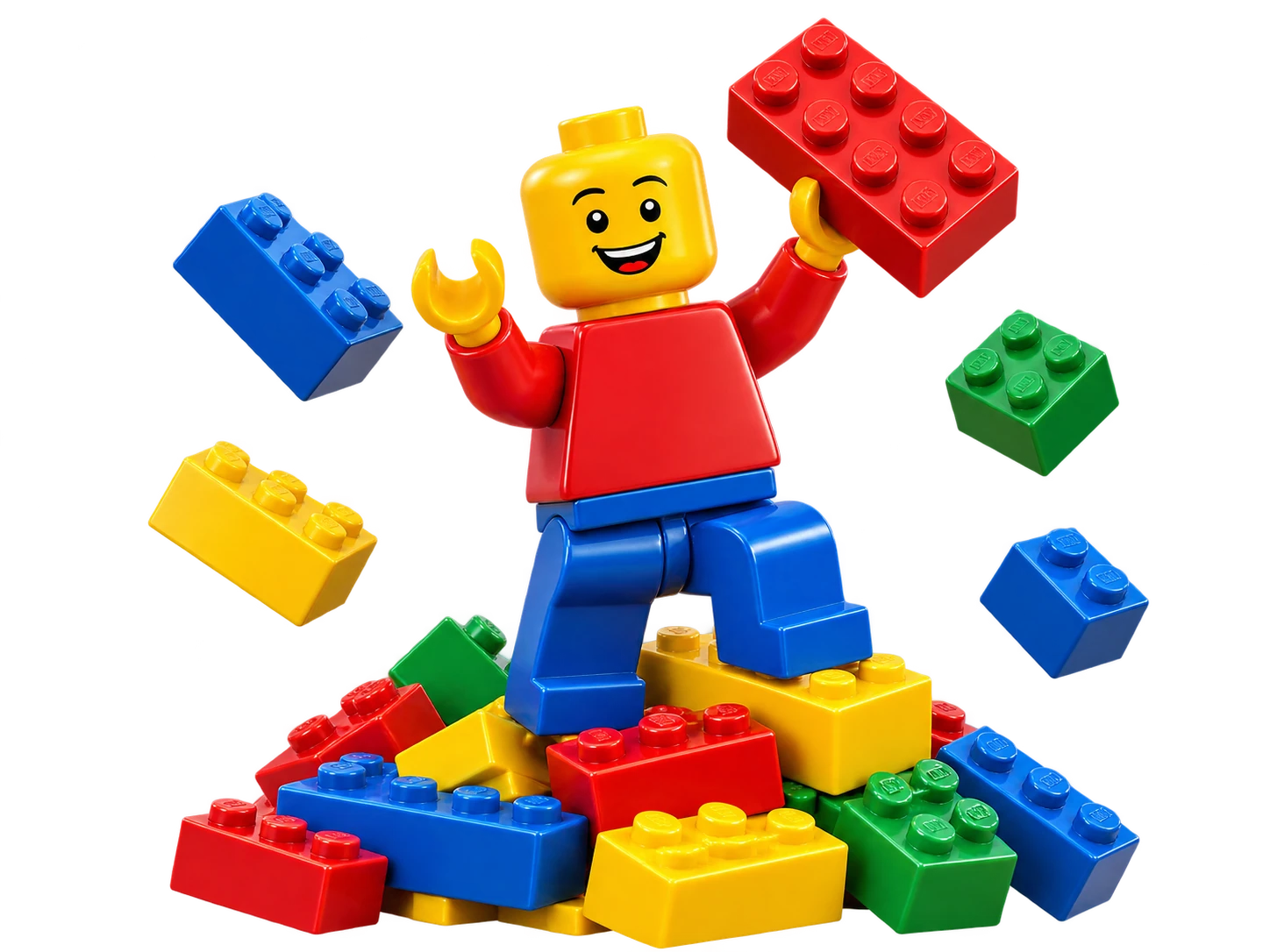 Fröhliche LEGO-Minifigur mit einem roten Stein, umgeben von bunten LEGO-Steinen